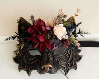 Floral Wolf Half Mask, Burgundy Rose Masquerade, Woodland Fairy LARP Headpiece
