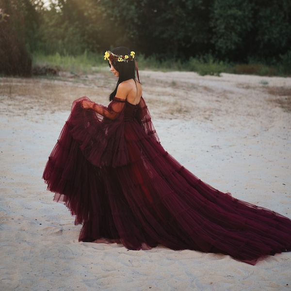 Marsala tulle dress Burgundy fluffy gown Tulle woman dress Photoshoot tulle gown Beautynaturaldesign Woman fluffy dress Romantic tulle gown