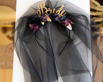 Black Veil Bachelorette Headband Gothic Bridal Shower Crown Halloween Hen Party Headpiece Halloween Bride to be Crown Till Death Do Us Part
