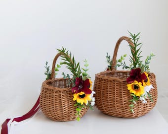 Boho Flower Girl Basket, Rustic Wedding Wicker with Burgundy Sunflowers, Fall Decor