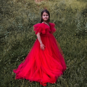 Red Tulle Flower Girl Dress: V-Neck Birthday Princess Gown