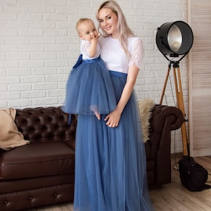 Matching Mother Daughter Lace Dresses: Smoke Blue Tulle, Mommy and Me Outfits