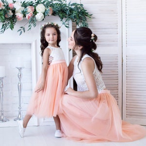 Matching Peach Lace Tulle Dresses: Mother Daughter Set, Long Rustic Gowns