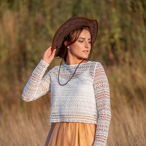 Macrame Lace Bridal Crop Top: Long Sleeve Boho Wedding Separates