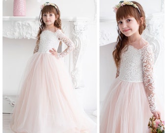 Dusty Pink Ombre Flower Girl Dress: Lace & Tulle Wedding Party