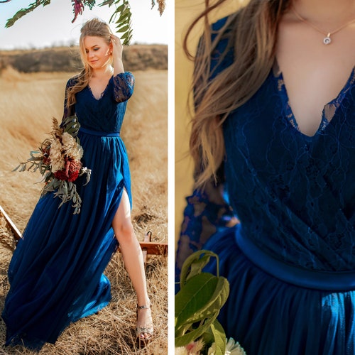Long Sleeve Bridesmaid Dress Dark Blue 