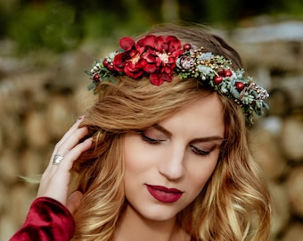 Winter hair crown Winter hair wreath Winter bridal crown Winter wedding crown Woodland hair crown Forest crown Red hair wreath Woodland