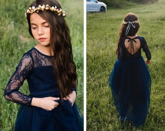 Navy Flower girl dress Navy lace dress Navy girl dress Navy junior dress Rustic navy flower girl dress Long sleeve navy flower girl dress