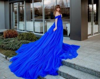 Tulle Dress Long Tulle Dress With Train Blue Tulle Dress Tulle Gown Photoshoot Dress Royal Blue Dress Long Dress With Train Photoshoot Gown Etsy