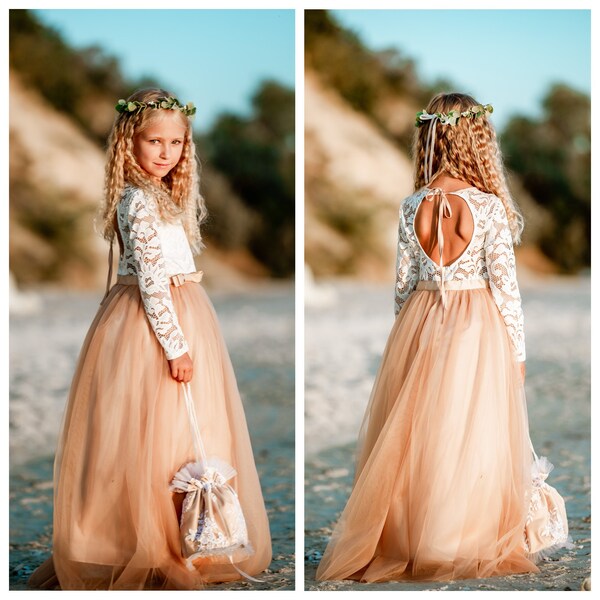 Flower girl dress Wedding girl dress Lace girl dress Junior bridesmaid dress Birthday dress Nude girl dress Baby dress Girl party dress