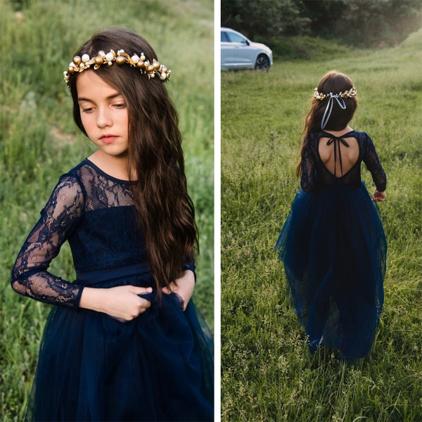 Navy Flower girl dress Navy lace dress Navy girl dress Navy junior dress Rustic navy flower girl dress Long sleeve navy flower girl dress