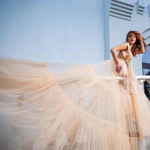 Peach Tulle Dress with Train: Fluffy Photoshoot Gown