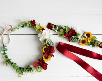 Burgundy Sunflower Floral Sash and Crown Set, Boho Rustic Bridal Accessories