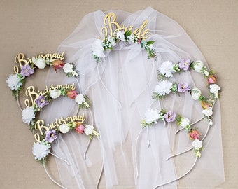 Gold Bride Headband with White Veil: Bachelorette Party Crown