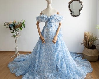 Blue Floral Organza Photo Shoot Dress with Train, Romantic Off Shoulder Flying Gown for Photography Prop, Custom Size Maternity Dress