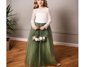 Salbei Grünes Blumenmädchen Kleid aus Tüll: Langarm Boho Style