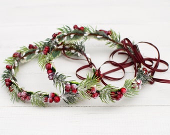 Winter Floral Crown: Christmas Berry Headband with Ribbon
