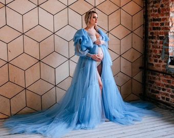Blue Maternity Dress, Formal Dress, Maternity Photoshoot Dress, Baby Shower  Dress, Boudoir Gown for Photoshoot, Tulle Maxi Dress,long Sleeve