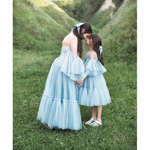 Matching Mother Daughter Tulle Dresses: Baby Blue Lace Gowns