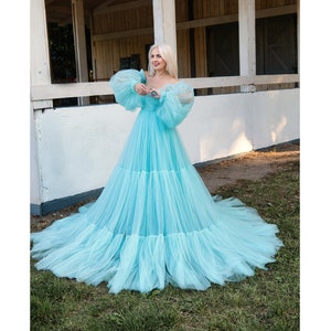 Aqua Blue Tulle Dress: Elegant Photoshoot Gown