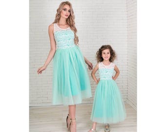 Matching Mother Daughter Lace Tutu Dresses: Mint & Pink Party Outfit