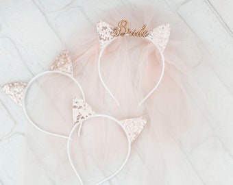 Rose Gold Bride Headband with Veil: Bachelorette Party Bridal Shower