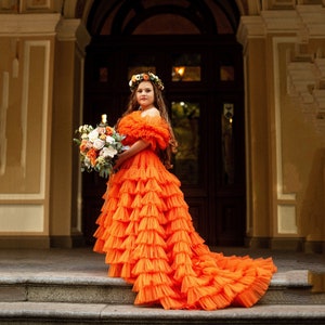 Orange Tulle Dress: Ruffled Ball Gown, Photoshoot Dress