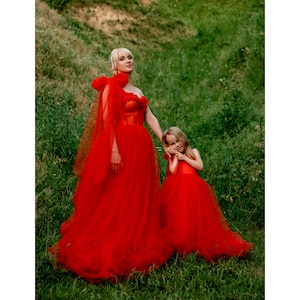 Matching Red Tulle Mother Daughter Dresses: Long Gowns
