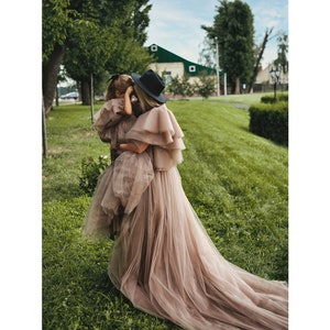 Matching Brown Tulle Mother Daughter Dresses: V-Neck Special Occasion Gowns