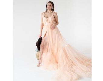 Peach Tulle Dress with Train: Maternity Photoshoot Gown
