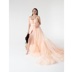Peach Tulle Dress with Train: Maternity Photoshoot Gown