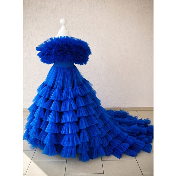 Royal blue girl dress Evening girl dress Fairytale dress Big dress with train Royal blue tulle dress Beautynaturaldesign Custom dress