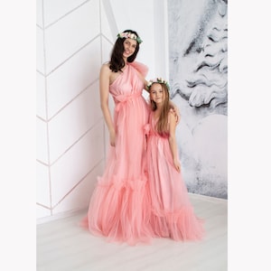 Coral Tulle Mother Daughter Dress: Matching One-Shoulder Gowns