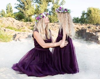 Mommy and me, Eggplant Mother Daughter, Matching Tutu Lace Dresses, Tulle Dress Long Floor Length,  Burgundy Lace Dress, Rustic Girl Dress