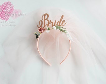 Rose Gold Bride Headband with Veil: Floral Bridal Shower Headband