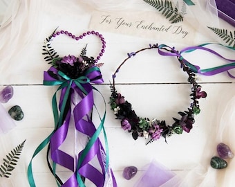 Gothic Wedding Flower Wand and Crown Set, Dark Purple Witchy Tiara