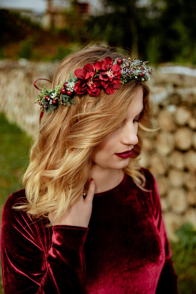 Winter hair crown Winter hair wreath Winter bridal crown Winter wedding crown Woodland hair crown Forest crown Red hair wreath Woodland image 3