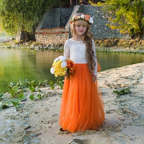 Burnt Orange Lace Flower Girl Dress: Autumn Rustic Boho Style
