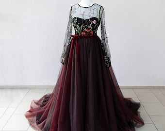 Black Ombre Tulle Wedding Dress: Gothic Bridal Gown with Velvet Belt