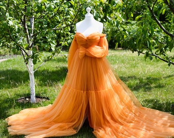 Orange Tulle Corset Prom Dress: Floor Length Women's Gown