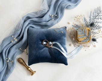 Dusty Blue Velvet Ring Pillow, Modern Romantic Wedding Ceremony Decor