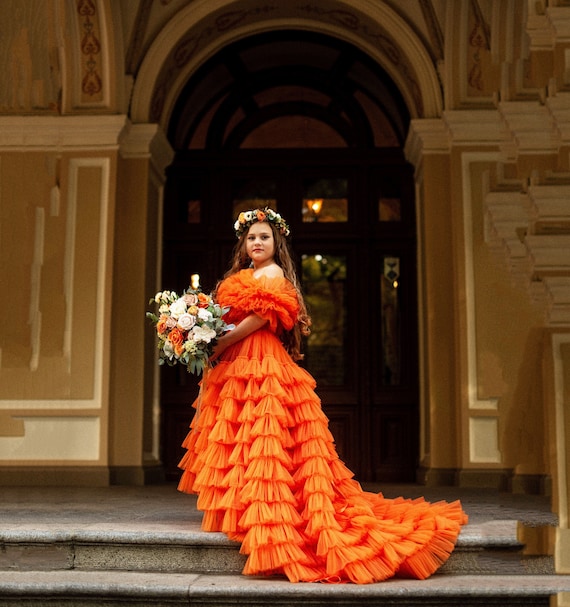 Fall Tulle Dress Girl Orange Dress Gift for Girl Birthday Girl Dress Photoshoot Kids Dress Girl Ball Gown Puff Girl Dress Photoshoot Gown Etsy