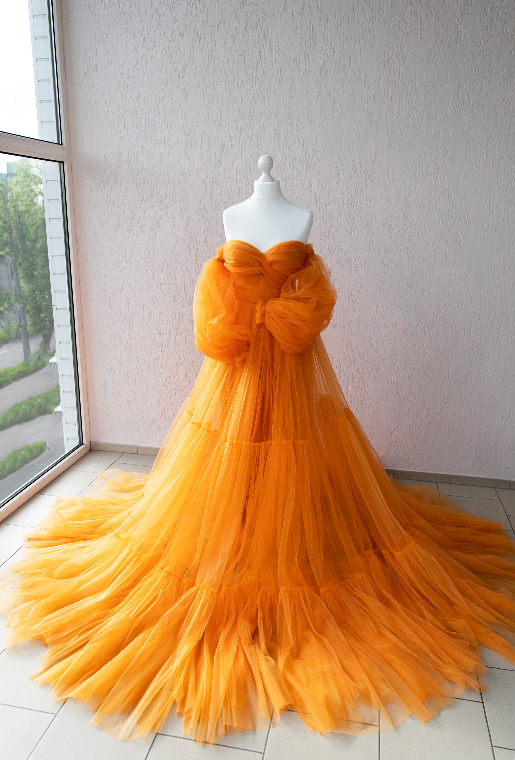 open lace back dress Burnt Orange Lace Ruffles Tulle High Low Strapless Fashion Prom Dresses, CP1105 US12 / Pic Orange main image 1
