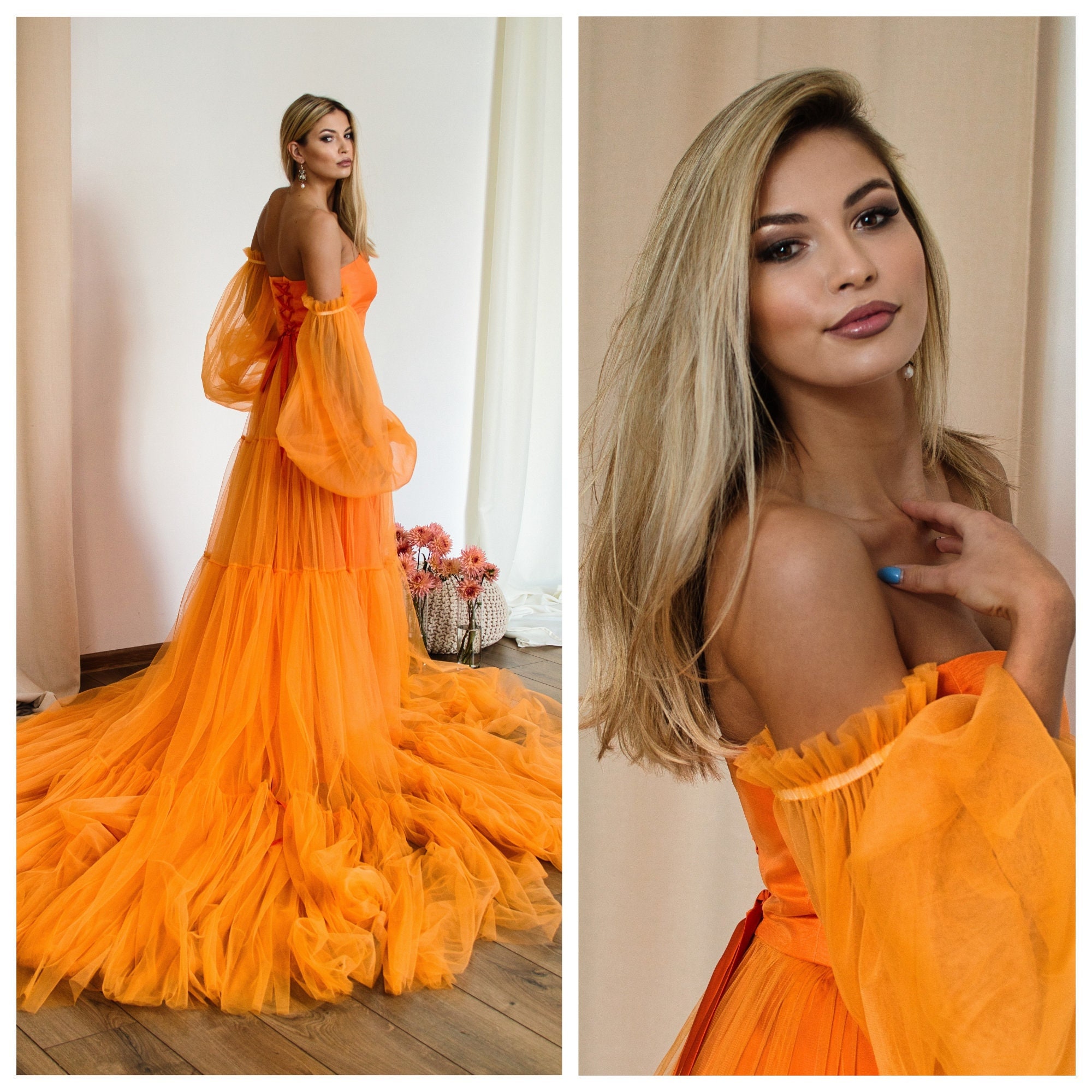 Ruffled Puffy Orange Layered Unusual Long Prom Dress - VQ