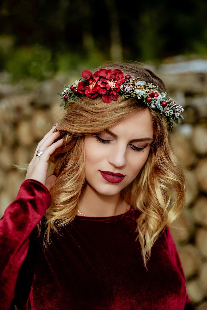 Winter hair crown Winter hair wreath Winter bridal crown Winter wedding crown Woodland hair crown Forest crown Red hair wreath Woodland image 1