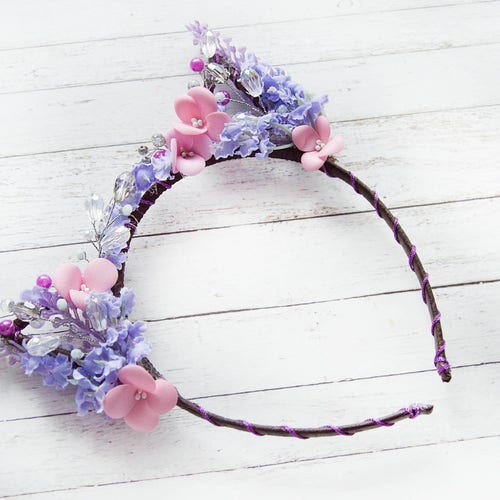 Cat ears headband Crystal Cat Ears headband  Kitty Ears Cat Headband Flower Glitter Ears  Flower Headband Cat Ears Cat Headband Kitty Cat