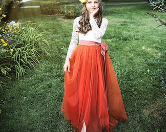 Handmade Lace Terracotta Flower Girl Dress: Rustic Autumn Tulle Skirt
