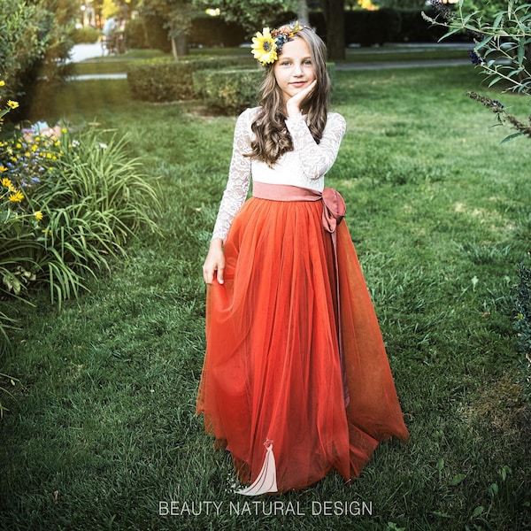 Handmade Lace Terracotta Flower Girl Dress: Rustic Autumn Tulle Skirt