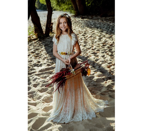 Champagne Lace Flower Girl Dress: Handmade Rustic Beige Dress