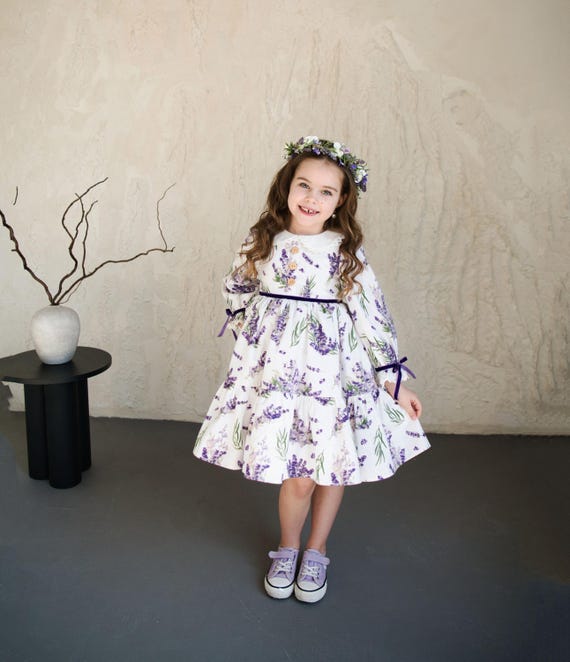Lavender Print Girls Dress, Vintage Long Sleeve Cotton Gown, Cottagecore Flower Girl Dress, Purple Floral Easter Outfit
